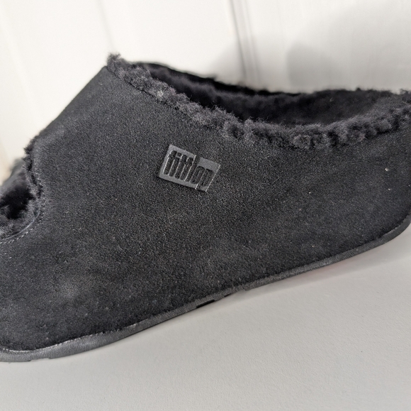 FitFlop Shuv Womens Sandals Two Bar Shearling Slippers Black Slide Size 11 Fuzzy - Picture 6 of 11